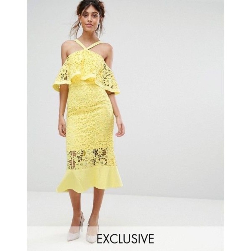 Jarlo London Frill Layer Cold Shoulder Yellow Lace Midi Dress NWT